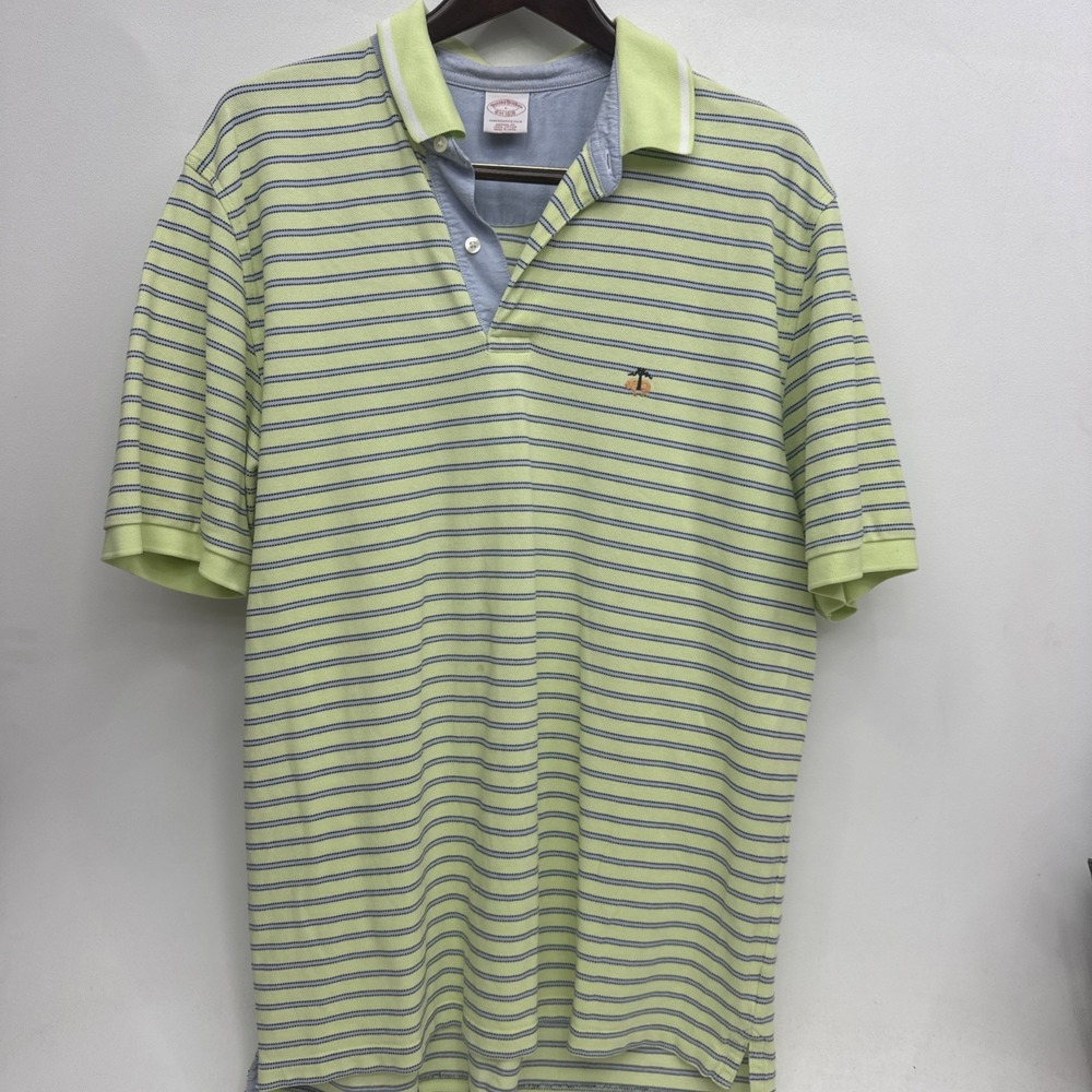 Brooks Brothers EST 1818 Shirt Mens L Green Striped Performance Polo Preppy